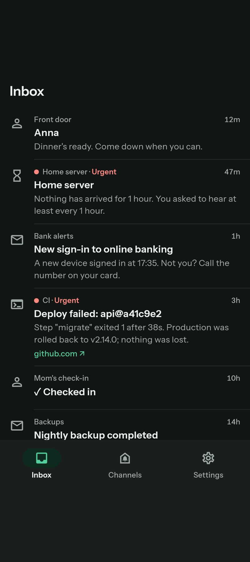 The anypush inbox: a doorbell ring from Anna at the front door, an urgent overdue alert, a bank email and a failed deploy