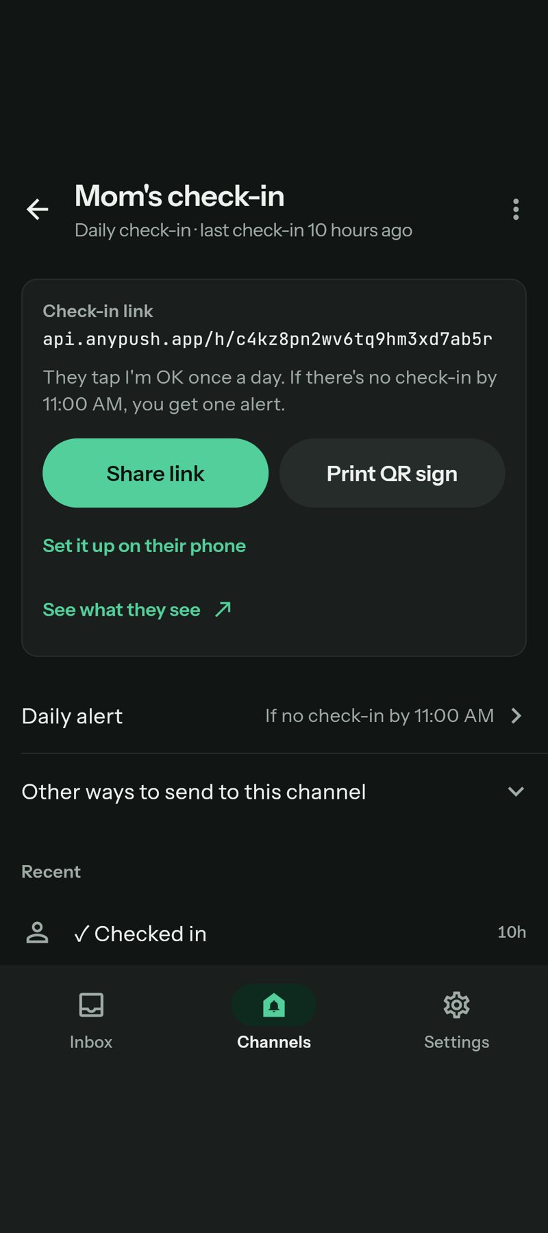 A daily check-in channel: the link to share, a printable QR sign and the daily alert time